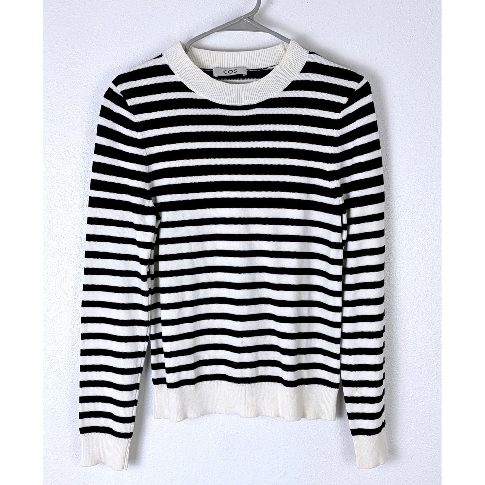COS Breton Stripe Cotton Sweater Black White Knit Crew Neck Small